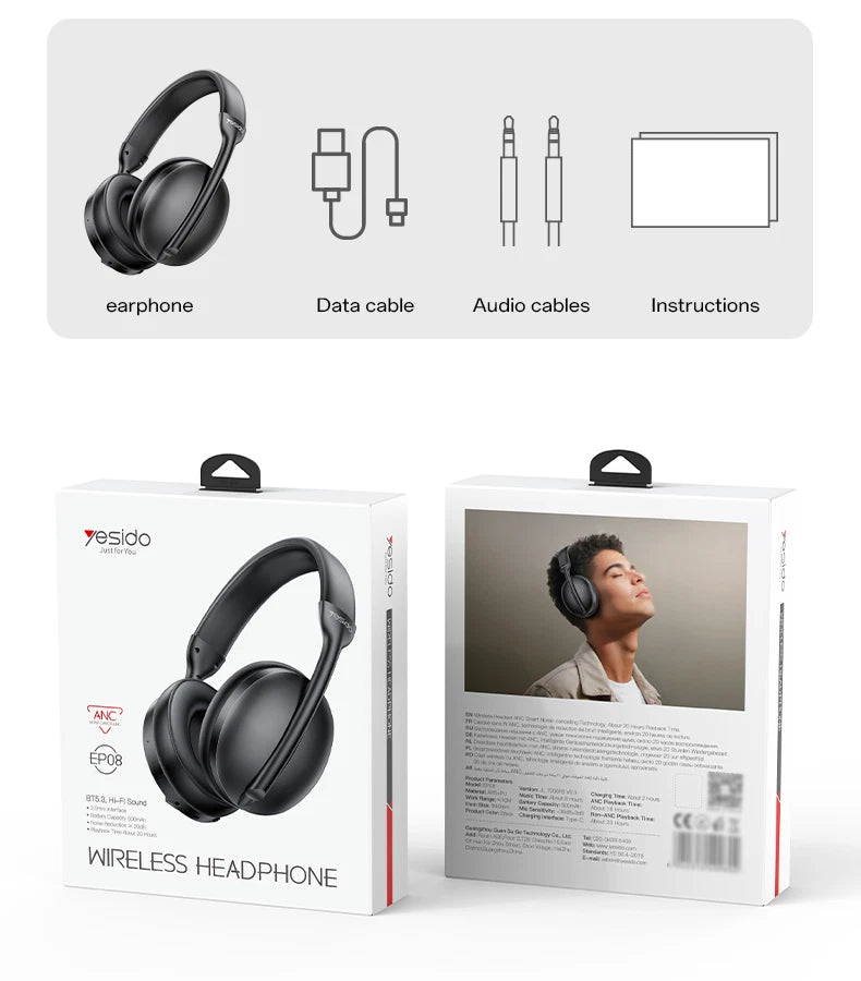 Wireless Bluetooth 5.3 Headphones with Noise Cancelling Over-Ear Earphones 60H