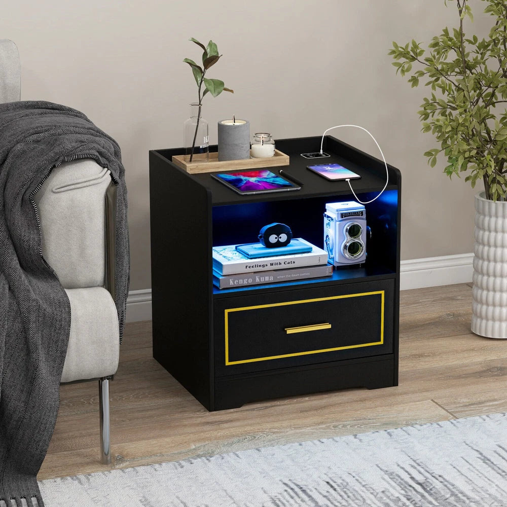 Modern Smart Bedside Table LED Nightstand Sofa Side End Table w/USB Type-C Port