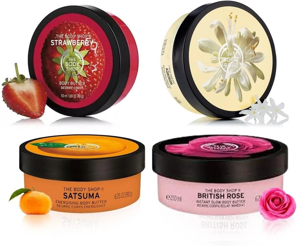The Body Shop Body Butter British Rose, Moringa, Strawberry, Satsuma 50ml all 4