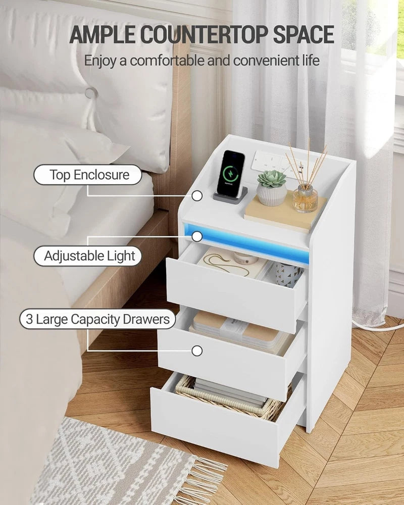 LED Bedside Table 3 Drawers Storage Cabinet Nightstand with Charging Statio