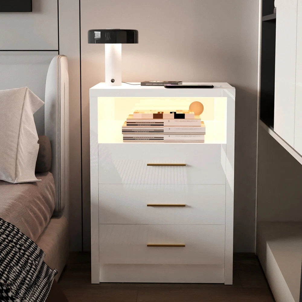 2/3 Drawers High Gloss Front Bedside Table Cabinet LED Nightstand With Charging