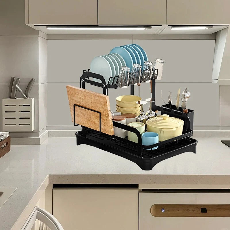 2 TIER KITCHEN SINK DISH DRAINER RACK WITH DRIP TRAY CUTLERY HOLDER PLATE RACK