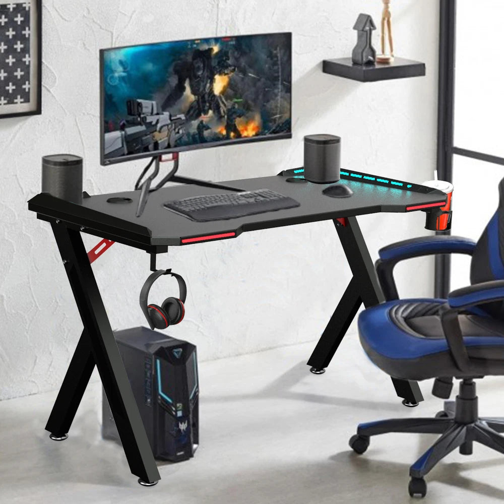 XXL Gaming Desk RGB LED Computer Racing Table Carbon Fiber PC Gamer Workstation