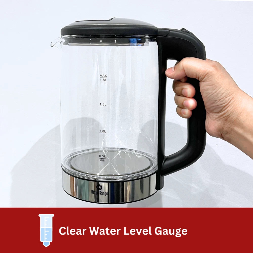 Maya Range Electric 1.8L Cordless Blue LED Glass Kettle 2200W Safe Auto Shut Off