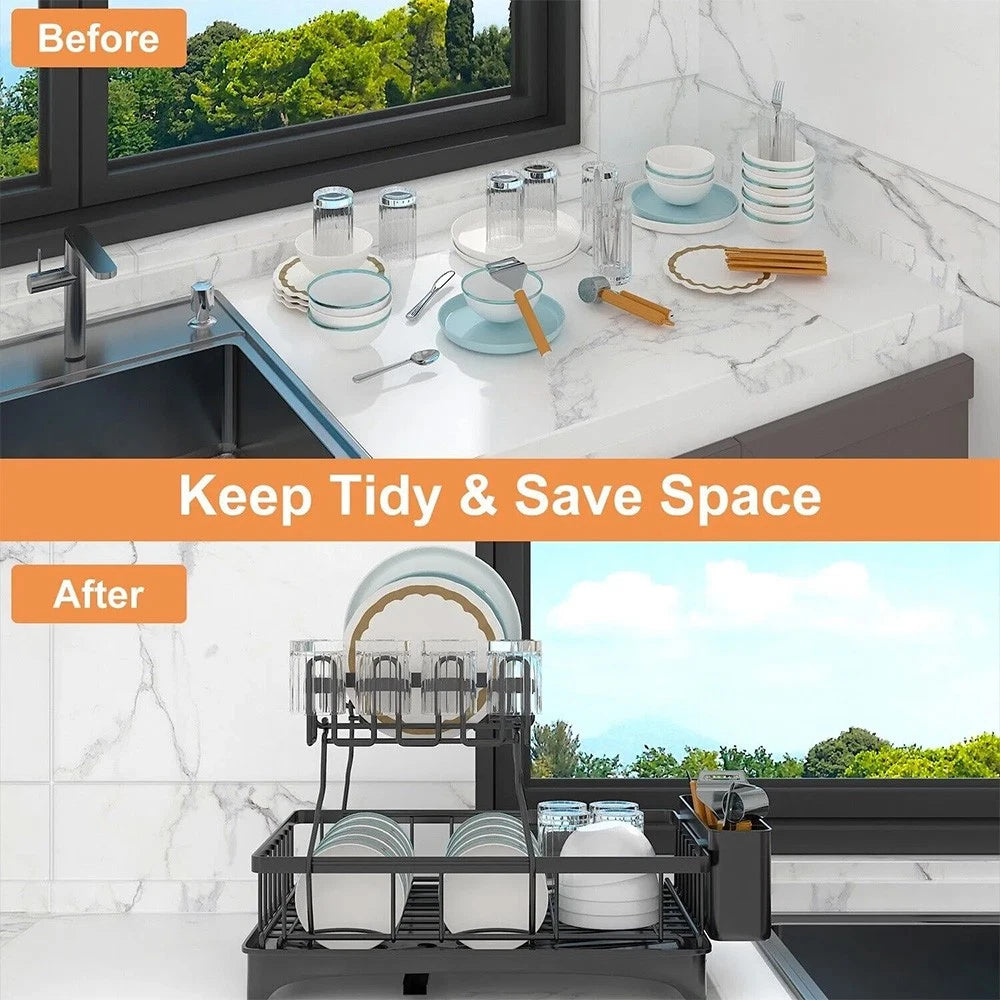 2 TIER KITCHEN SINK DISH DRAINER RACK WITH DRIP TRAY CUTLERY HOLDER PLATE RACK