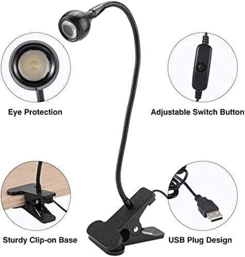 USB Clip On Desk Lamp Flexible Clamp Reading Light LED Bed Table Bedside Night