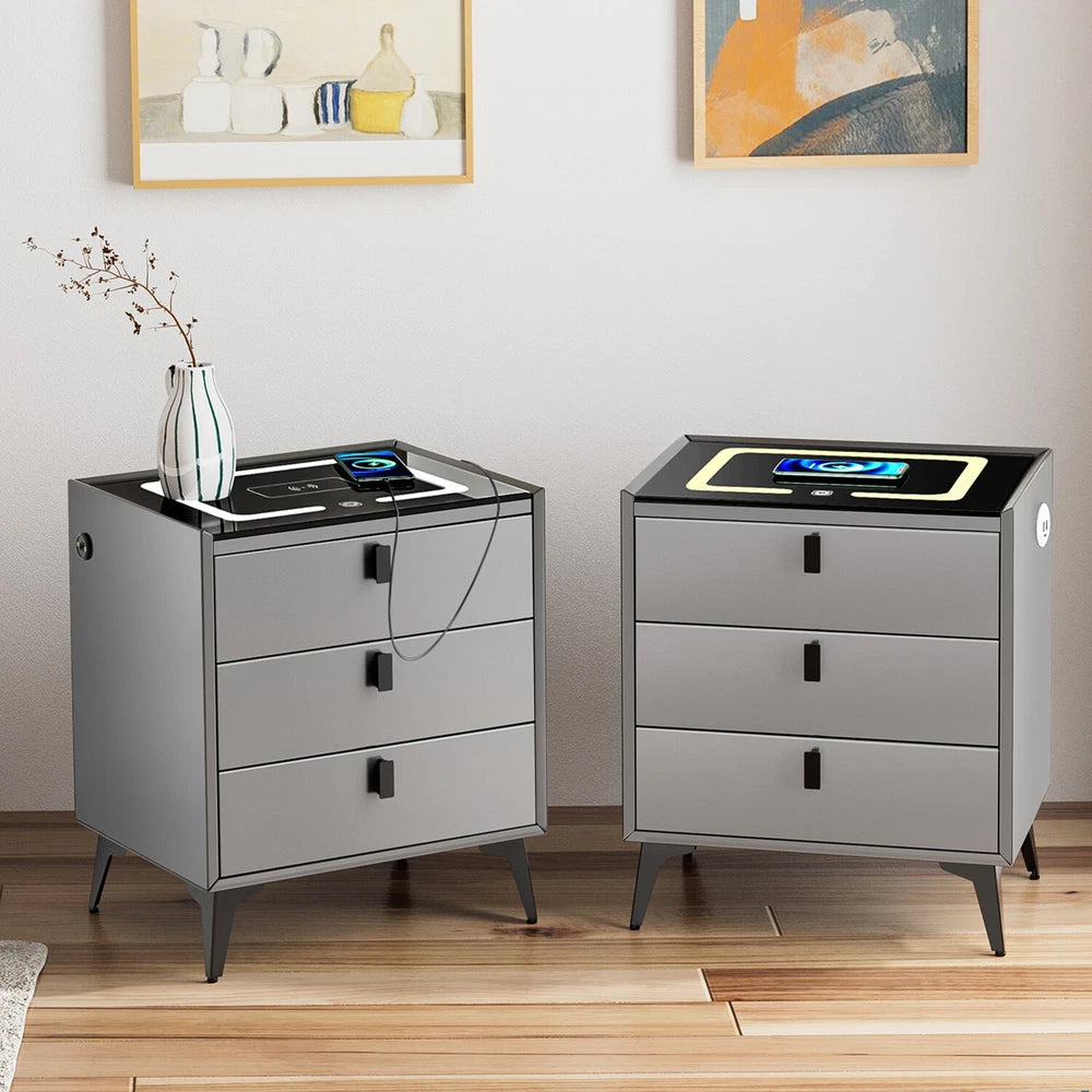 3 Drawers LED Bedside Table Wireless Charging Nightstand Bedside Cabinet Grey