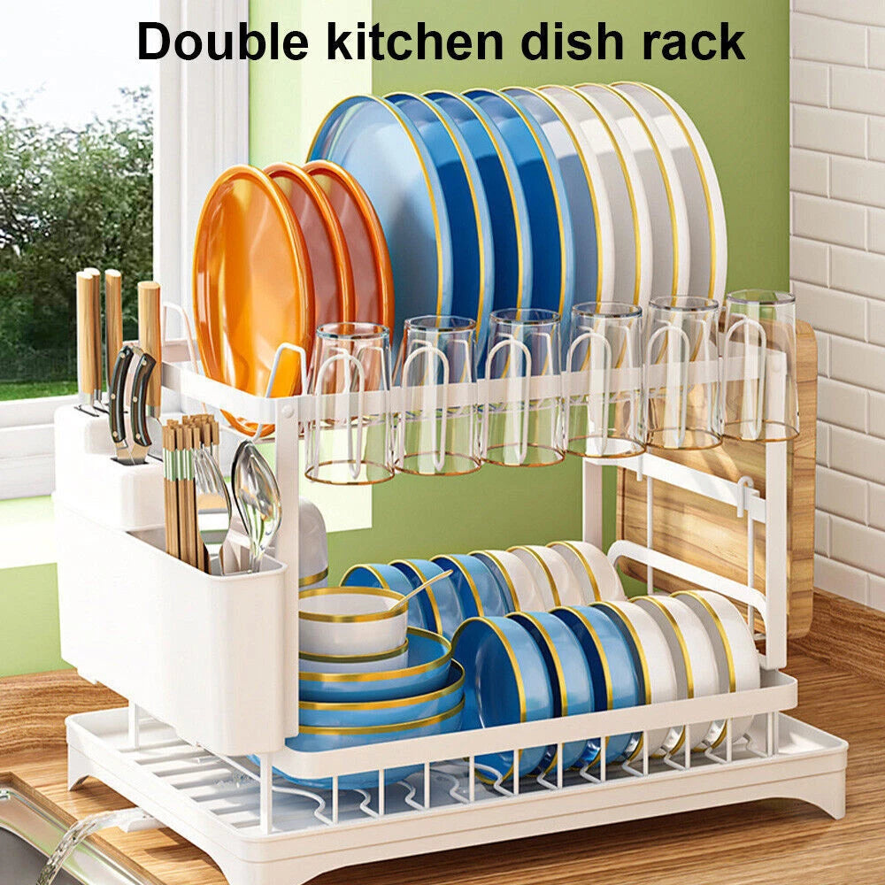 2 Tier Dish Drainer Rack With Drip Tray Kitchen Drying Rack Bowl Plate Holder UK