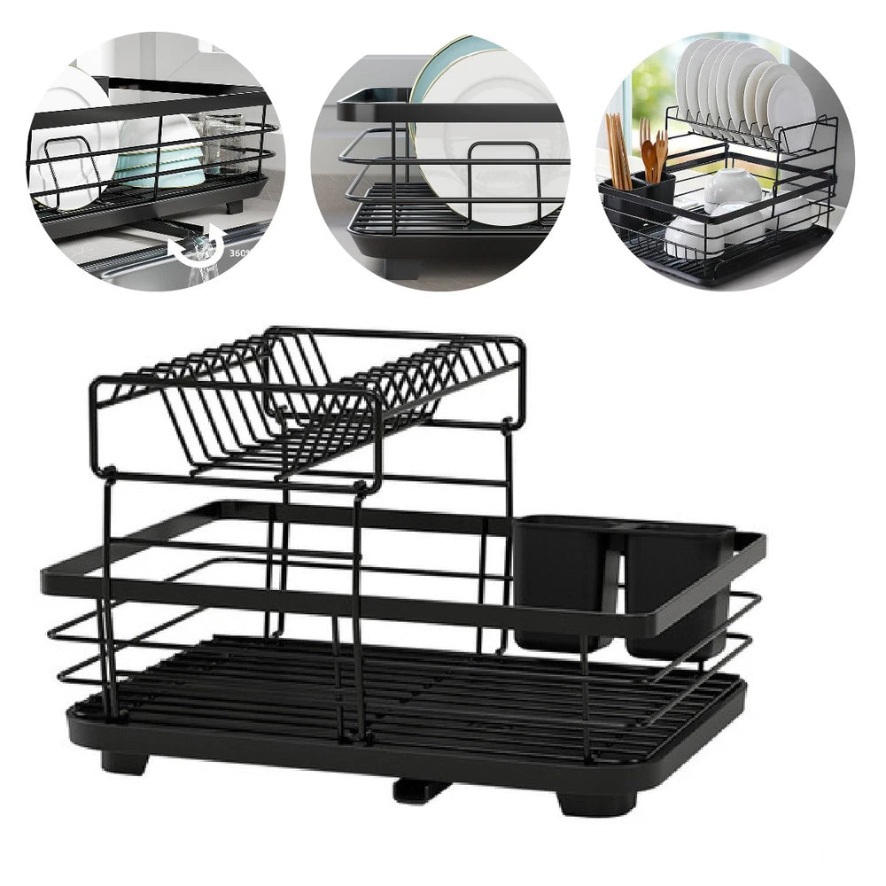 2-Tier Dish Drainer Rack with Drip Tray Cutlery Holder Plate Rack Kitchen Sink