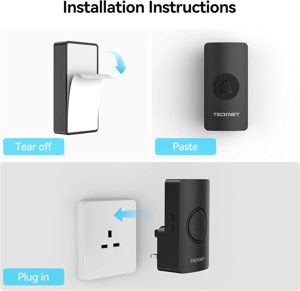 TECKNET Wireless Doorbell Plug in Door Bells Cordless IP65 Waterproof Door Chim