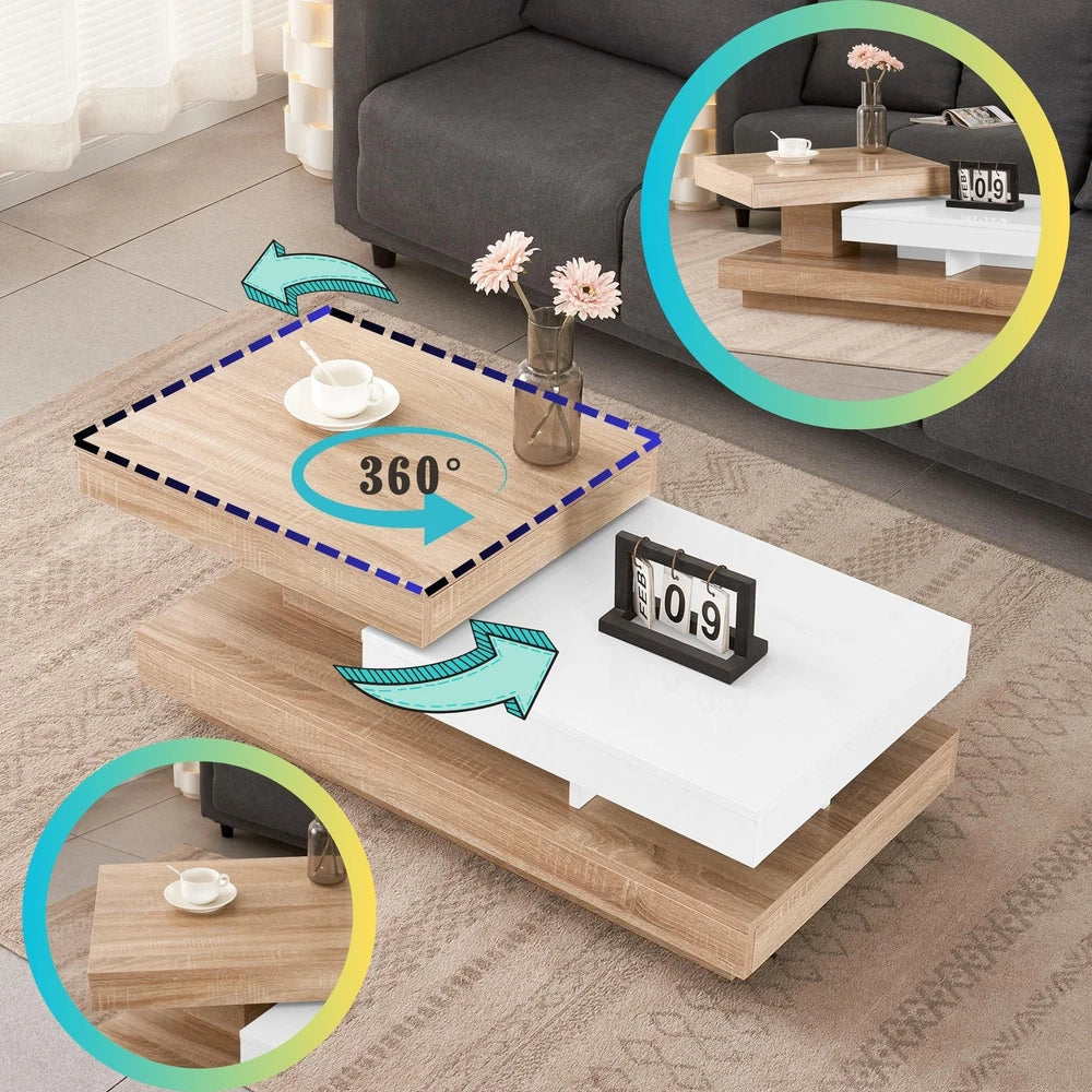 360° Rotating Coffee Table Rectangle w/LED Lights for Living Room