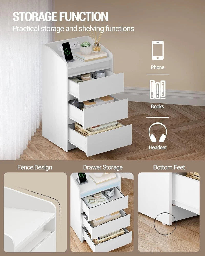 LED Bedside Table 3 Drawers Storage Cabinet Nightstand with Charging Statio