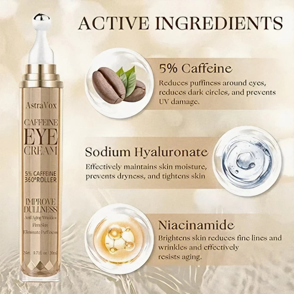 Caffeine Eye Cream, 20ml for Dark Circles and Puffy Eyes 360°Massage Ball Men Wo