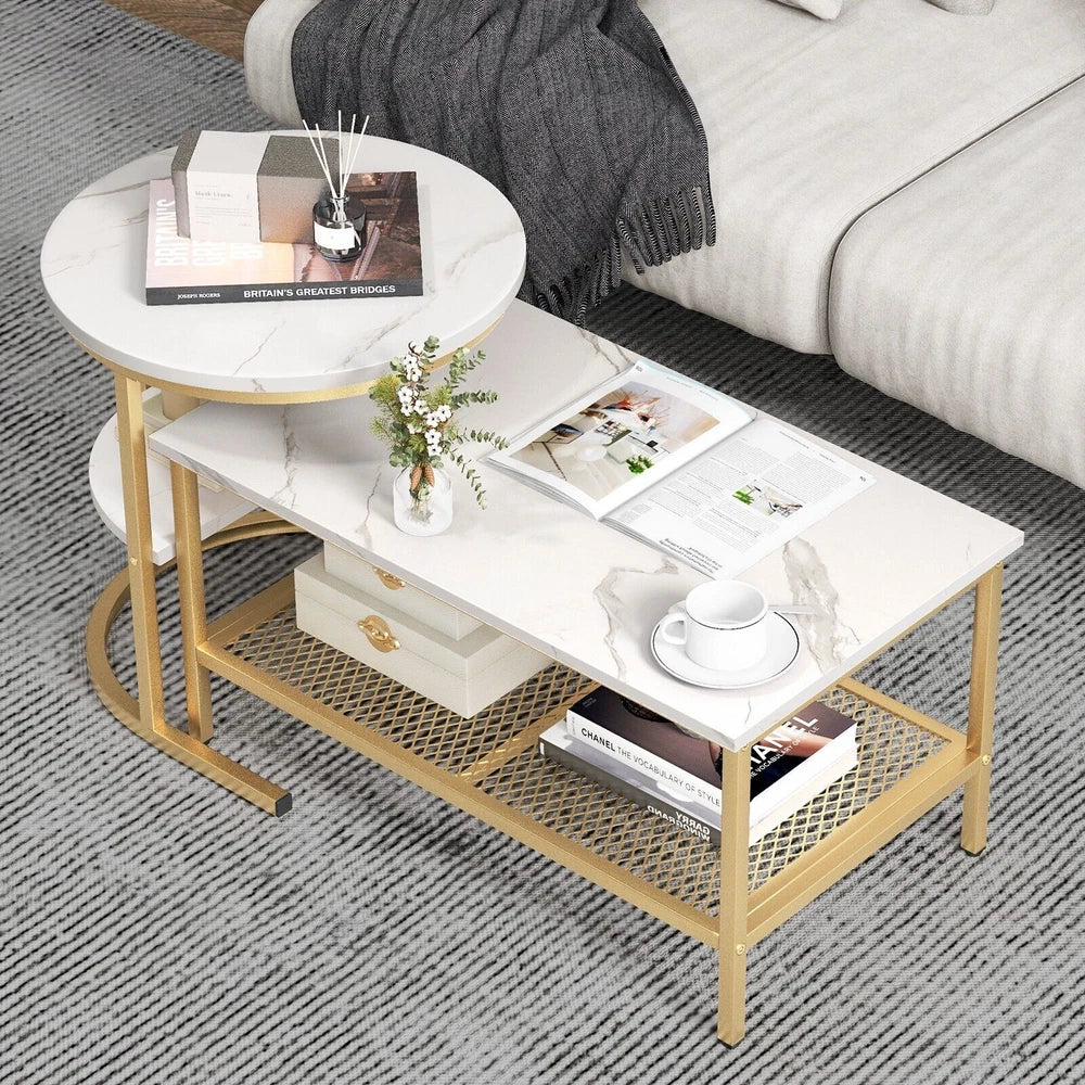 Set of 2 Coffee Nesting Table Set Detachable 2-Tier Sofa Side Table Faux Marble