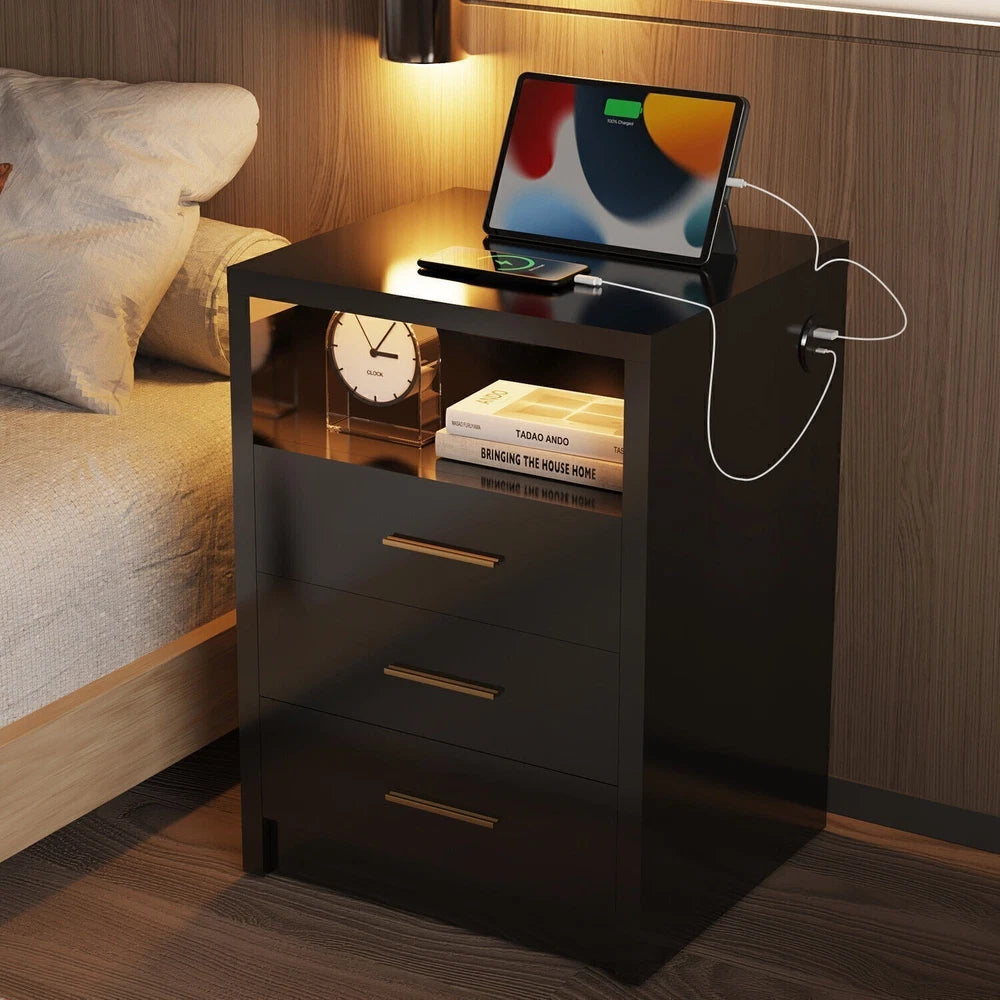 2/3 Drawers High Gloss Front Bedside Table Cabinet LED Nightstand With Charging