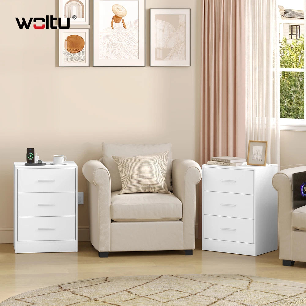 1/2x Bedside Table Cabinets w/ Charging Station Nightstand Storage Unit 3 Drawer