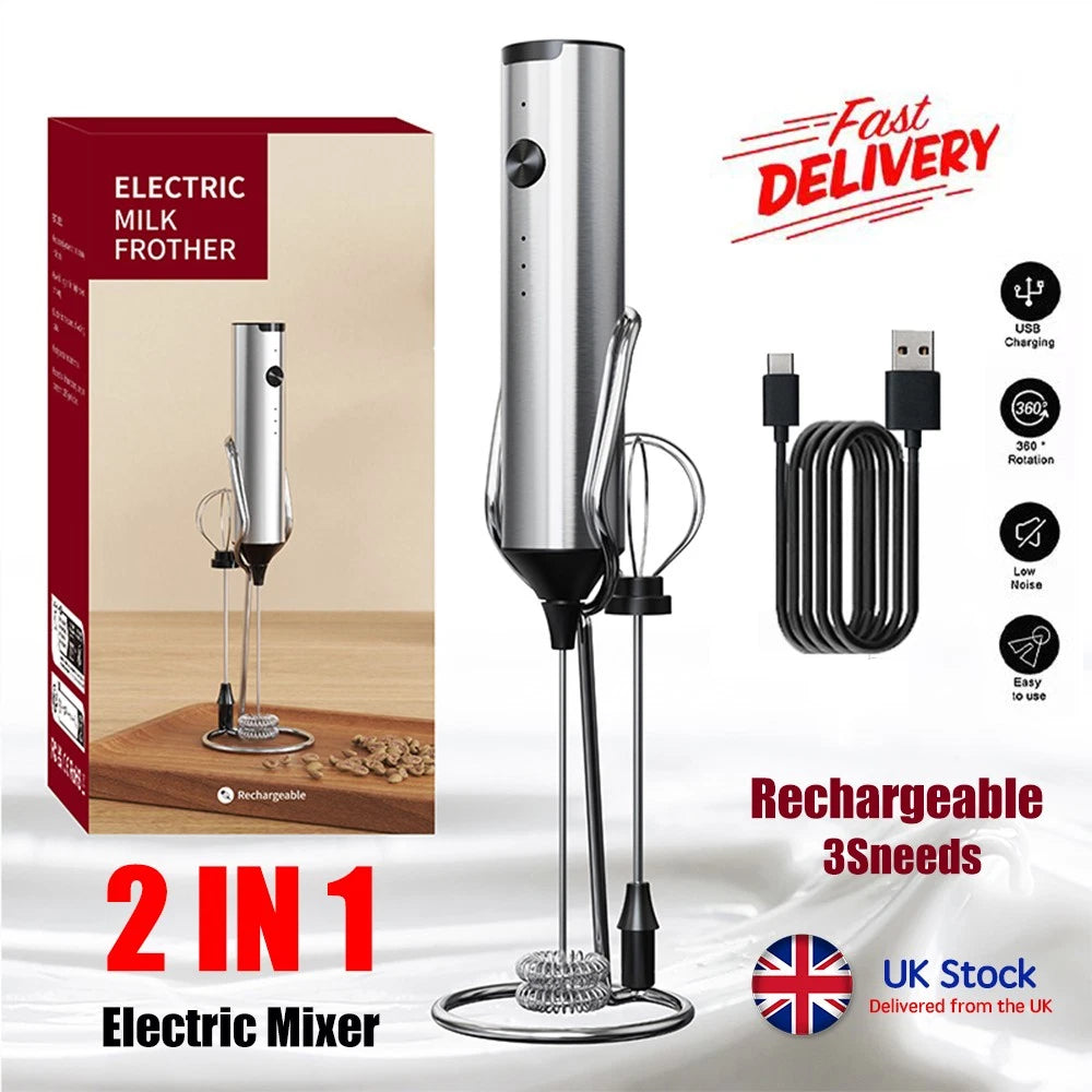 Electric Milk Frother 2 in 1 Egg Whisk Mixer Beater Latte Coffee Kitchen 3 Speed