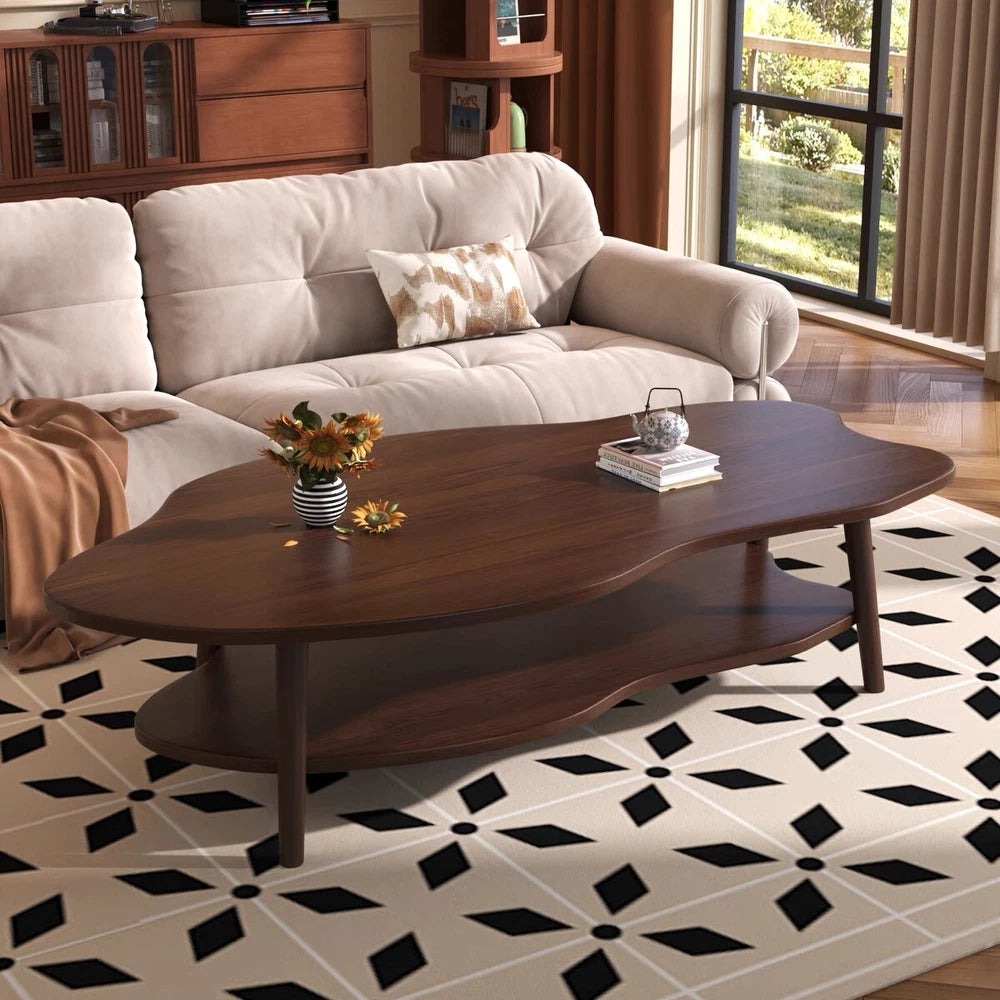 2 Layer Coffee Table Tea Table Cloud Modern Living Room Desk W/ Storage Shelf