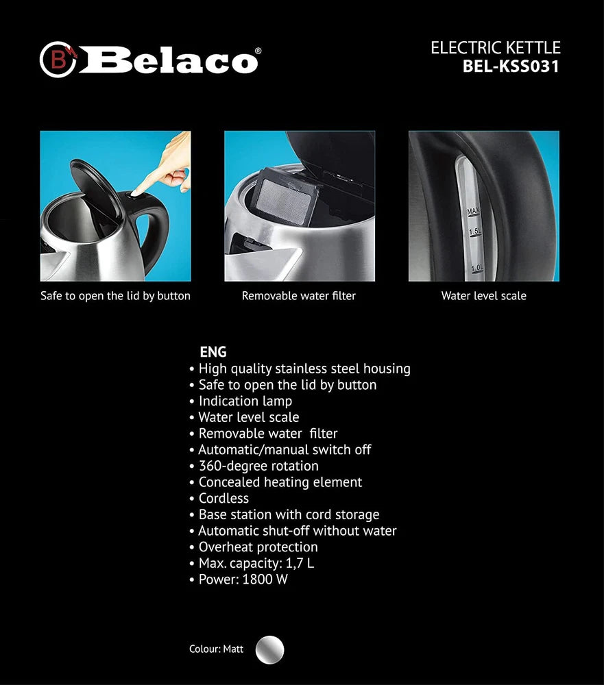 Belaco Electric Kettle Stainless Steel 1.7L,  2200w Fast Boil Cordless 360°