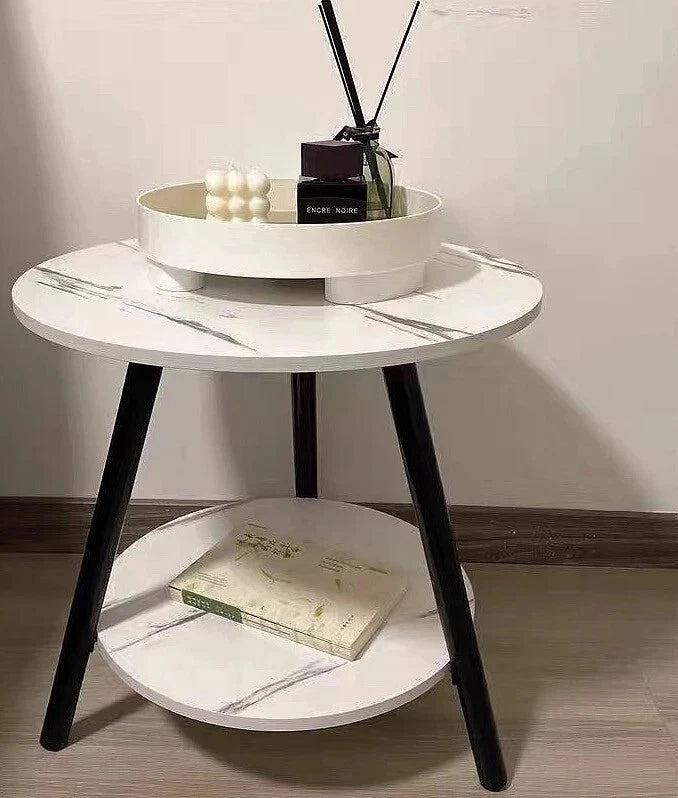 1/2 Tier Coffee Table Round Side Table White Marble Effect End Table Living Room