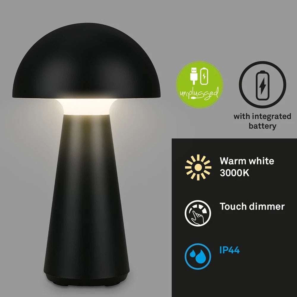 Cordless Rechargeable LED Table Lamp Mushroom Desk IP44 Battery Dimmable Black
