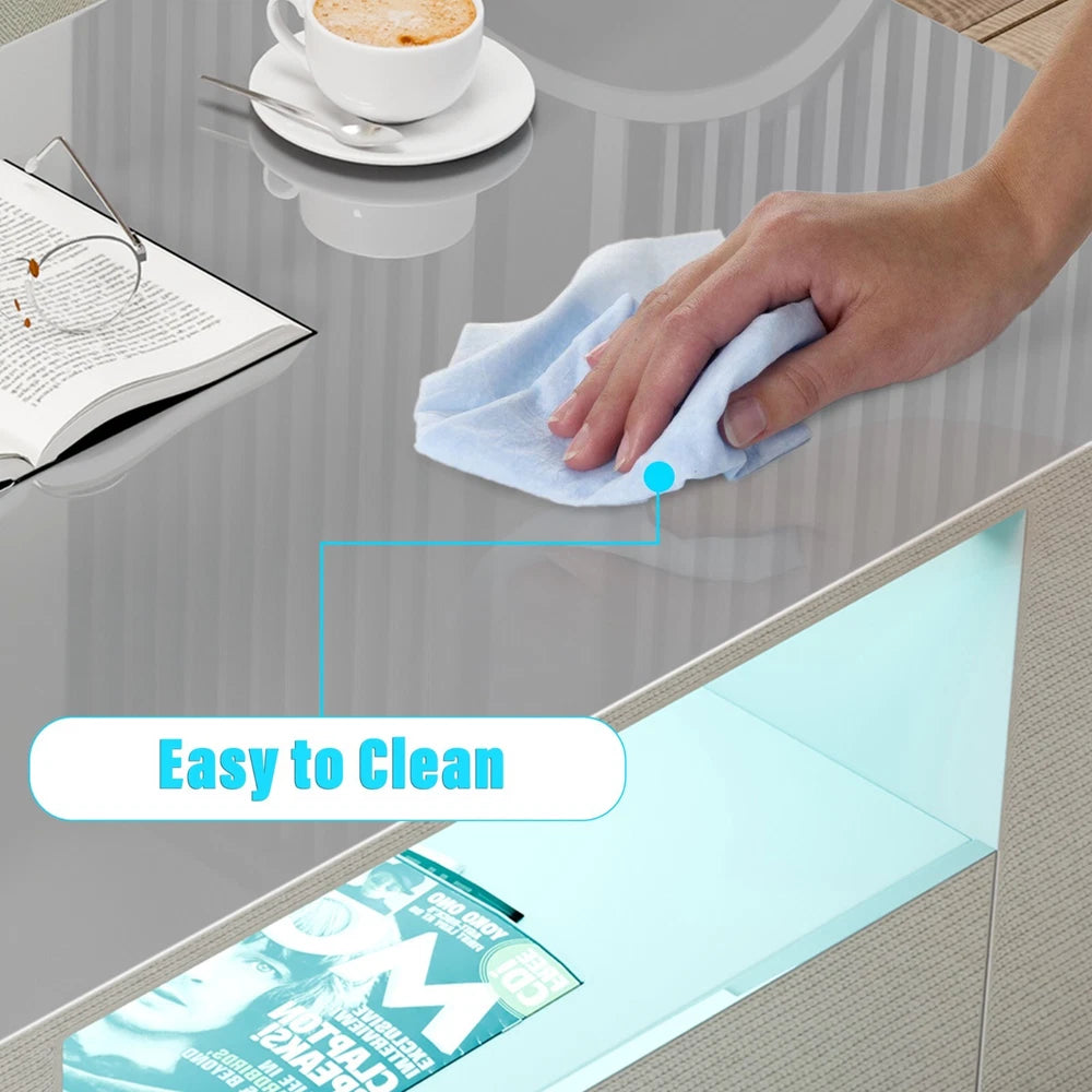 LED Coffee Table Wooden 2 Drawer Storage High Gloss Modern Living Room Furniture