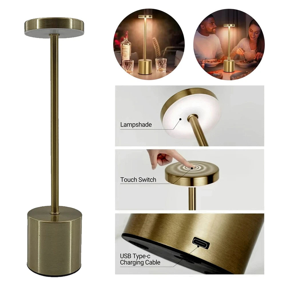 Cordless Rechargeable Metal Table Desk Lamp Touch Control Dimmable Night Light