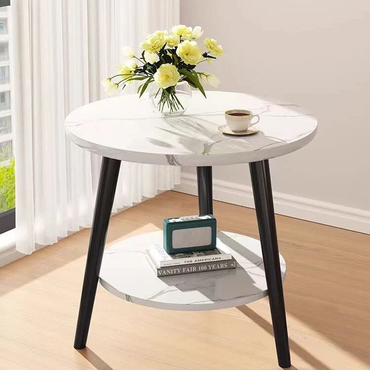 1/2 Tier Coffee Table Round Side Table White Marble Effect End Table Living Room