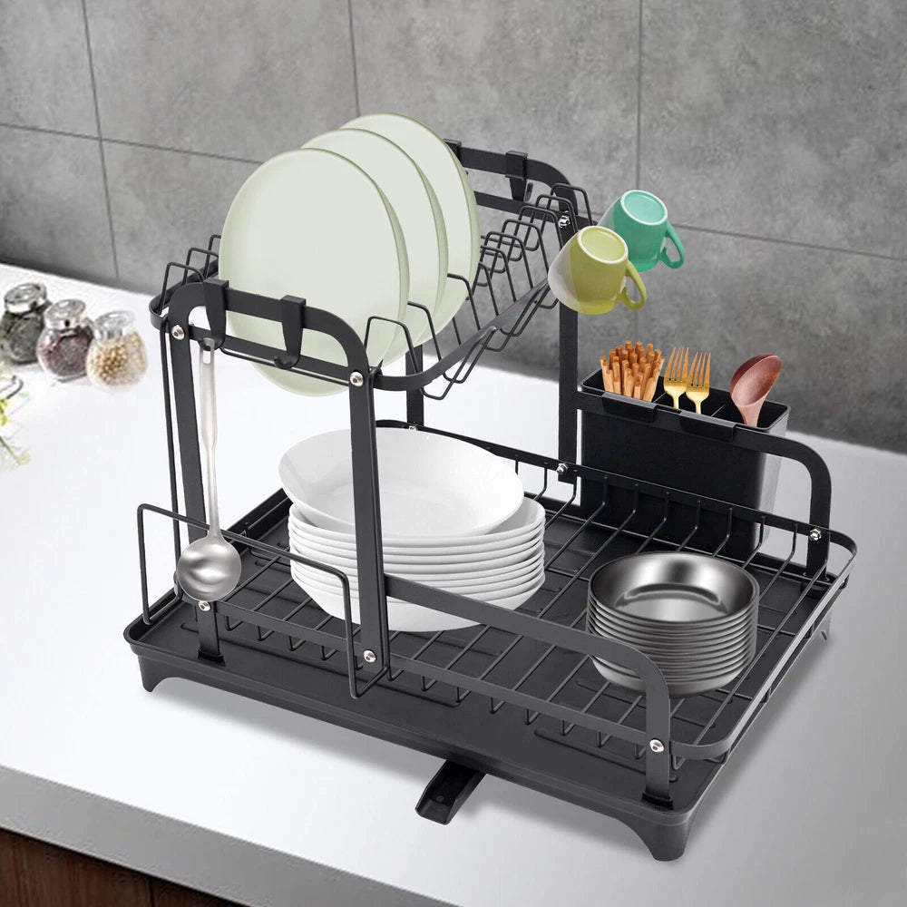 2 Tier Dish Drainer Plate Rack With Drip Tray Sink Drying Draining Plate Bowl UK