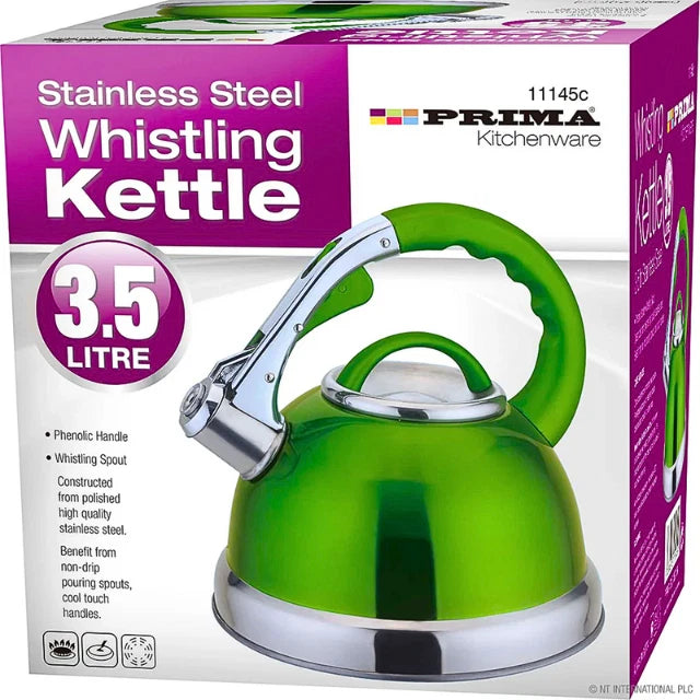 Prima Whistling Kettle Cordless Stainless Steel Easy Grip Handle 3.5L Green