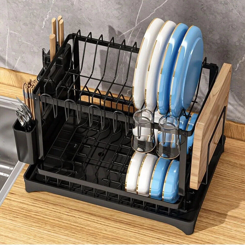 2 Tier Dish Drainer Rack With Drip Tray Kitchen Drying Rack Bowl Plate Holder UK