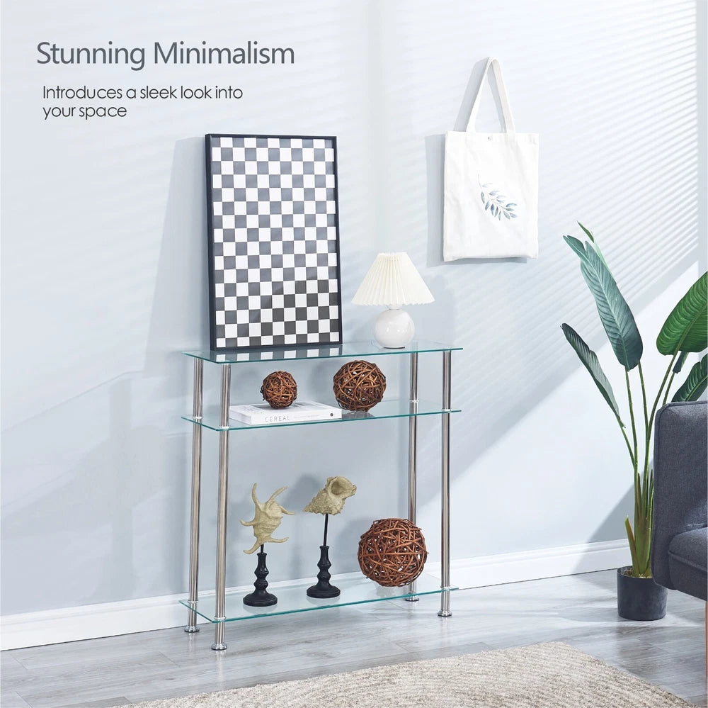 3 Tier Narrow Clear Tempered Glass Console Table Storage Shelf Stainless Steel
