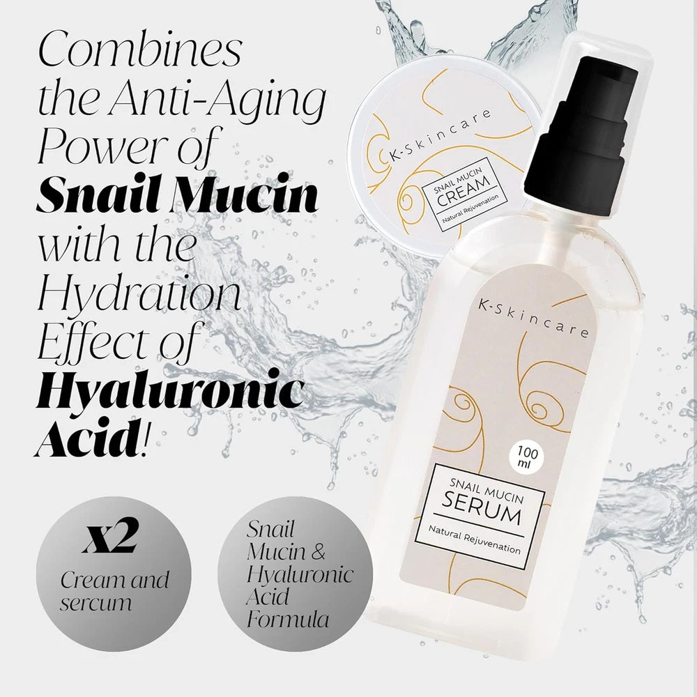 x2 Snail Mucin Cream + Serum & Hyaluronic Acid - All In One Advanced Skin Repair