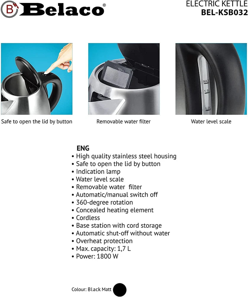Belaco Electric Kettle Stainless Steel 1.7L,  2200w Fast Boil Cordless 360°