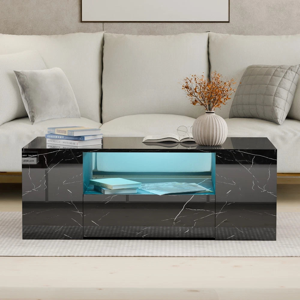 LED Coffee Table Wooden 2 Drawer Storage High Gloss Modern Living Room Furniture