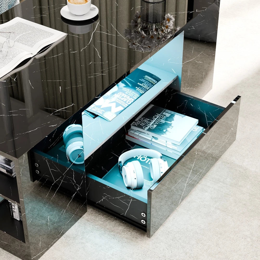 LED Coffee Table Wooden 2 Drawer Storage High Gloss Modern Living Room Furniture