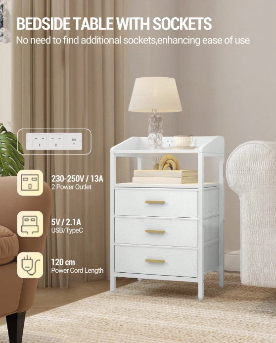 Bedside Table White LED Cabinets 3 Drawers Nightstand Bedroom W/Charging Station
