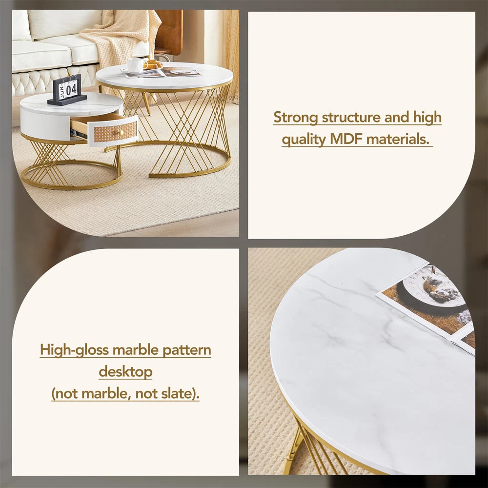 Nesting Coffee Table Set of 2 Living Room Marble Look Side End Table with Drawer