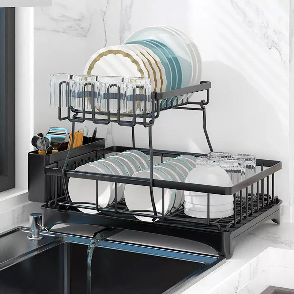 2 TIER KITCHEN SINK DISH DRAINER RACK WITH DRIP TRAY CUTLERY HOLDER PLATE RACK