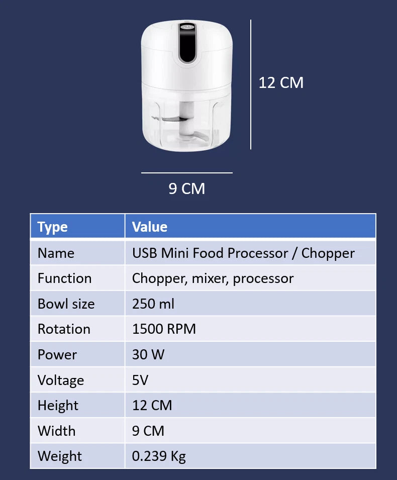 Portable Mini Food Chopper Blender Processor - 250ML - Wireless - USB - 3 Blades