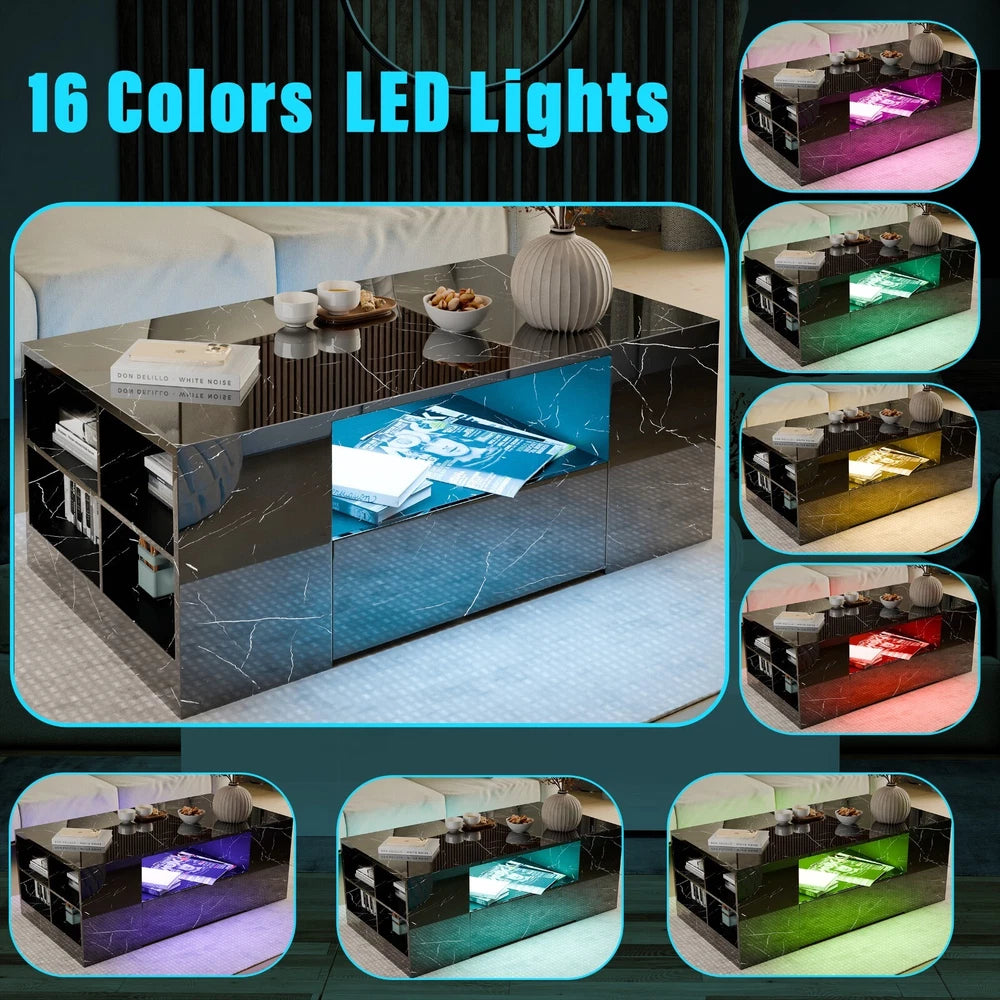 LED Coffee Table Wooden 2 Drawer Storage High Gloss Modern Living Room Furniture