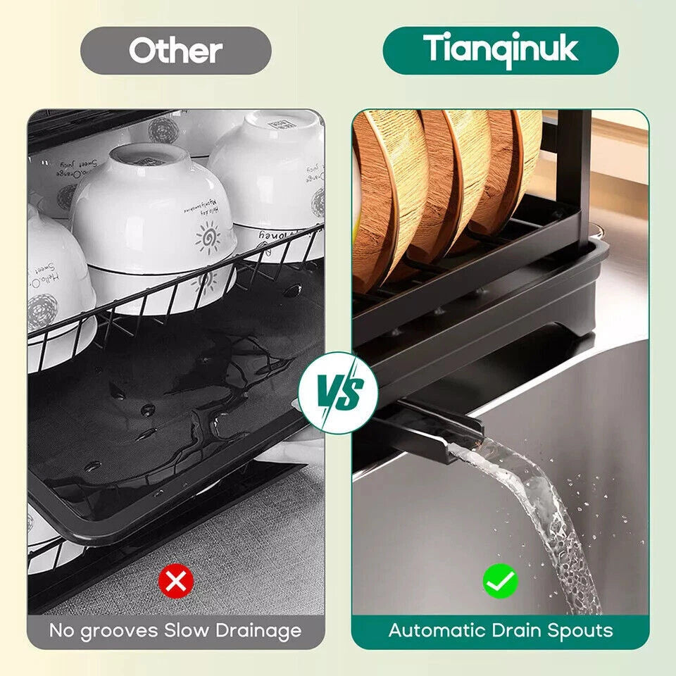 2 Tier Kitchen Sink Dish Drainer Rack With Drip Tray Cutlery Holder Plate Rack