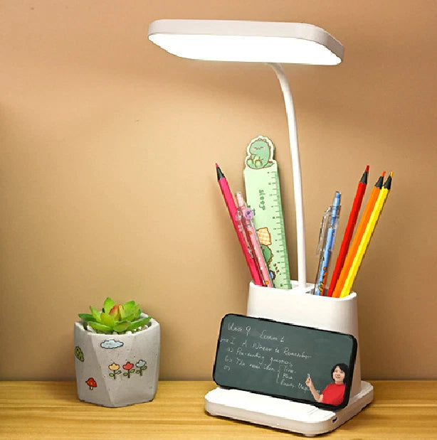 LED Desk Lamp Pen Phone Holder USB Rechargeable Bedroom Reading Light Dimmable