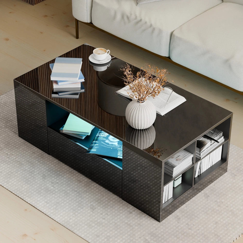 LED Coffee Table Wooden 2 Drawer Storage High Gloss Modern Living Room Furniture