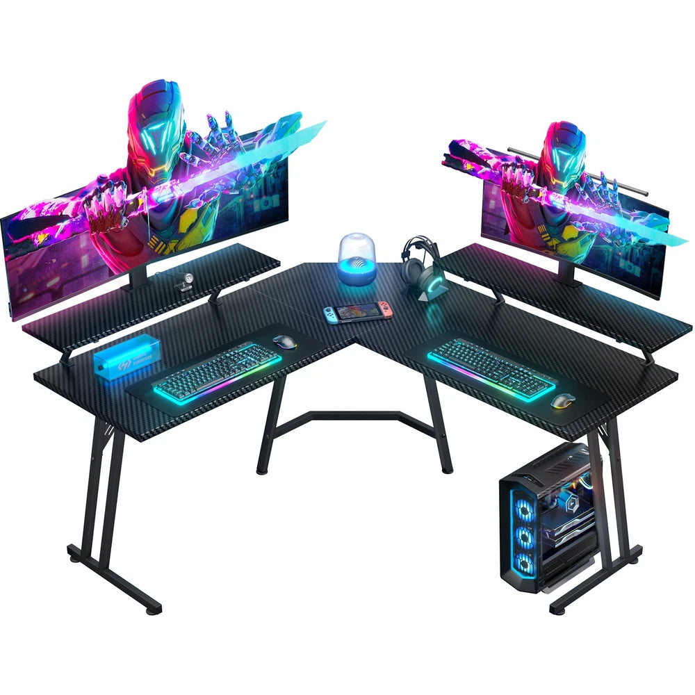 L Shaped Gaming Desk with LED Lights, Computer Desk with Monitor Stand, Black
