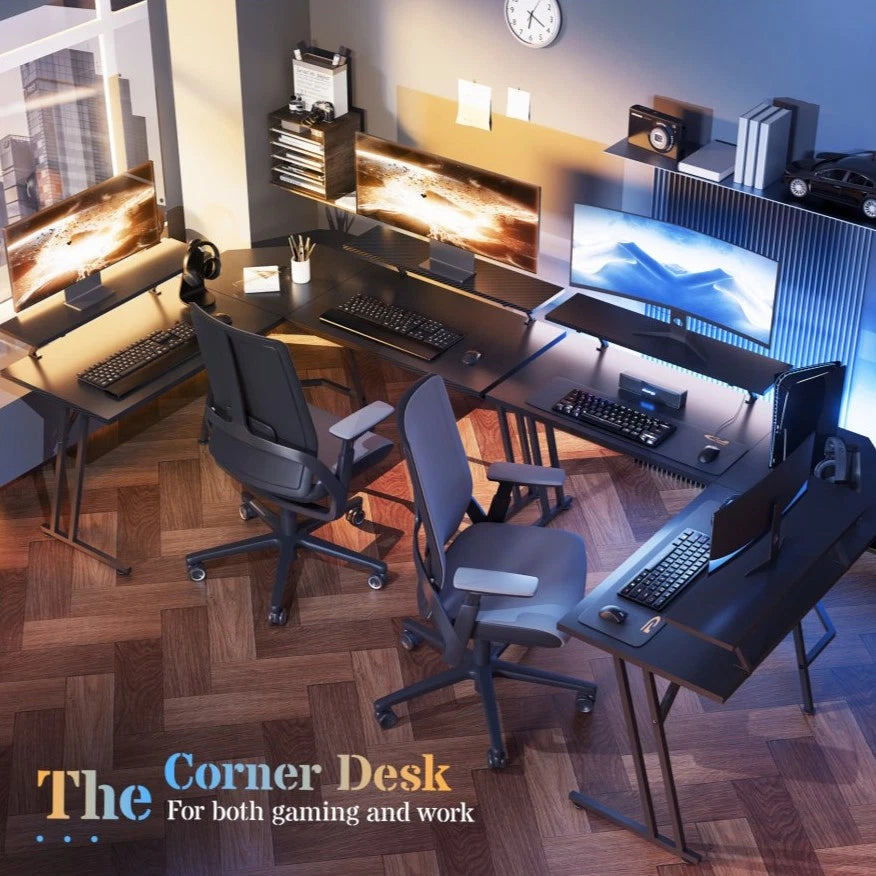 L Shaped Gaming Desk with LED Lights, Computer Desk with Monitor Stand, Black