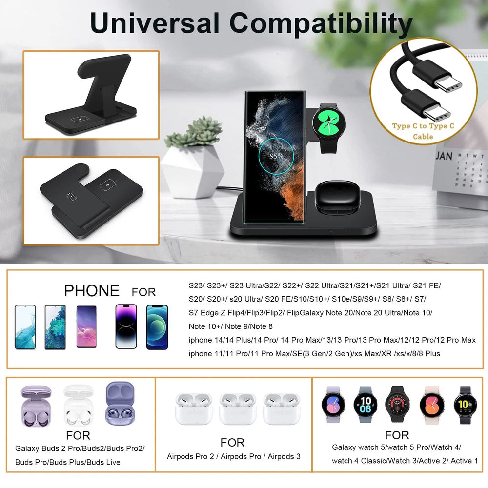 3in1 Wireless Charging Station For Samsung Galaxy Watch 8/Ultra S25 Edge S24 S23