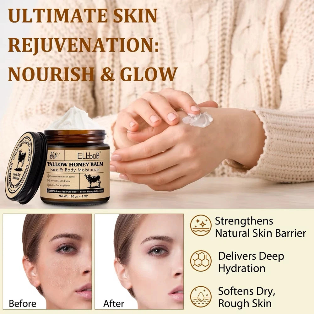 Beef Tallow Skin Care, Beef Tallow and Honey Balm Face Moisturizer, Natural