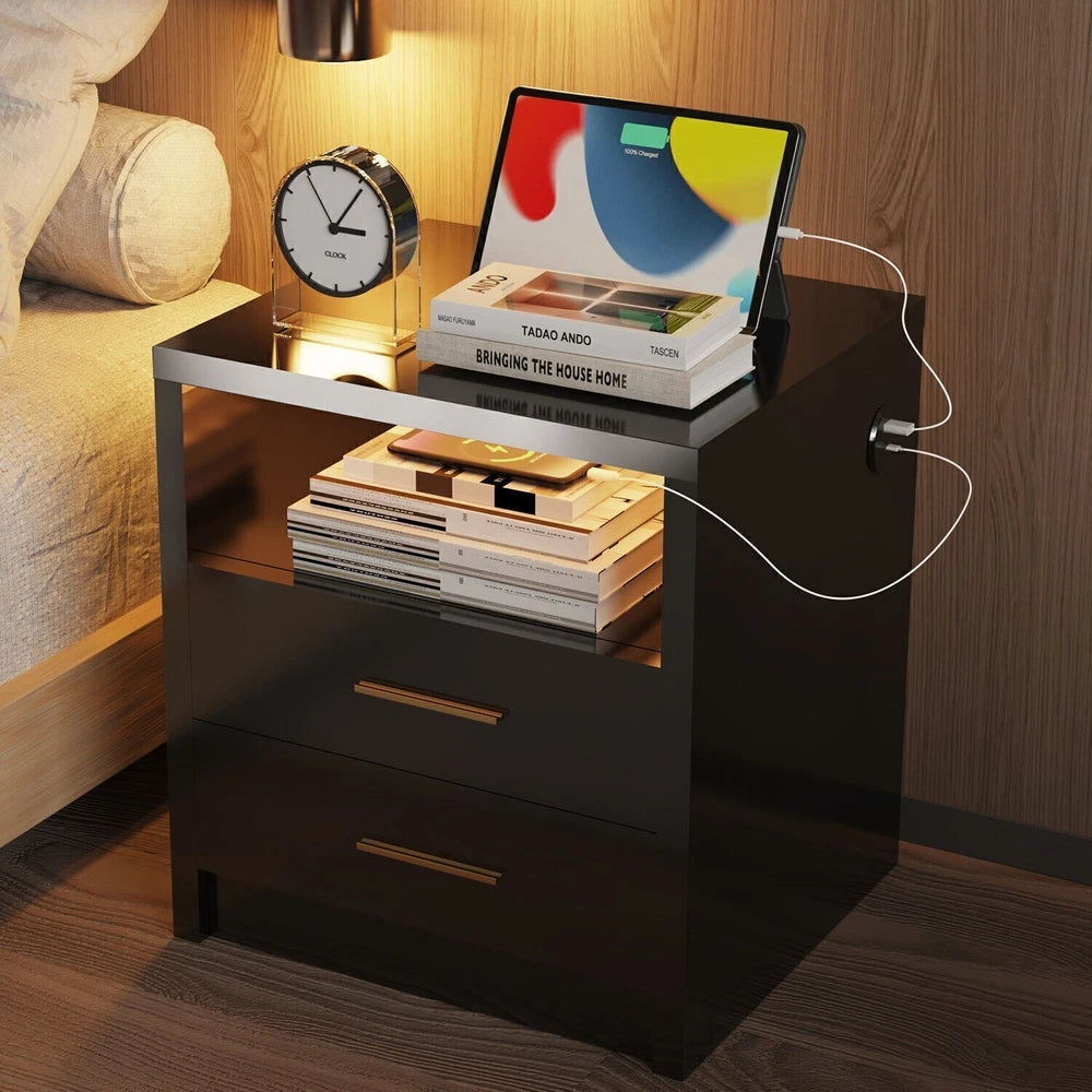 2/3 Drawers High Gloss Front Bedside Table Cabinet LED Nightstand With Charging
