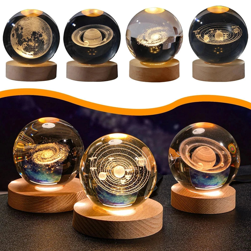 USB 3D Moon Planet Globe Galaxy Night Light LED Crystal Ball Table Lamp Bedside